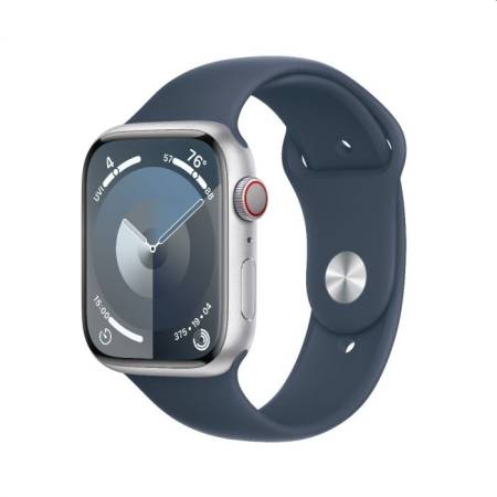 Apple Watch Series 9 GPS + Cellular 45mm Silver Stainless Steel Case with Storm Blue Sport Band - M/L