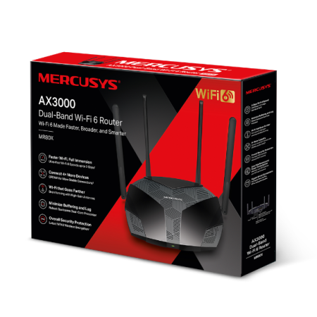 2-лентов гигабитен WiFi 6 рутер Mercusys MR80X AX3000