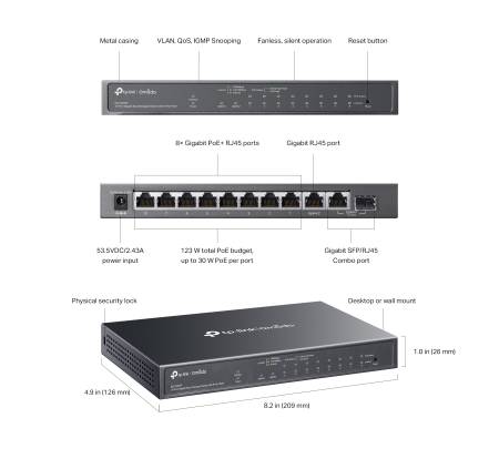 10-портов комутатор TP-Link Omada ES210GMP Gigabit Easy Managed Switch с 8 PoE+ порта