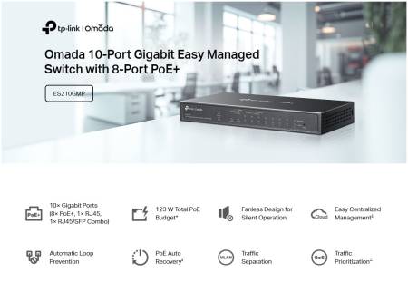 10-портов комутатор TP-Link Omada ES210GMP Gigabit Easy Managed Switch с 8 PoE+ порта